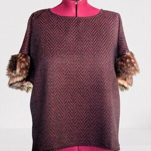 Tashon Black & Red Herringbone Poncho w/ Fur Trim